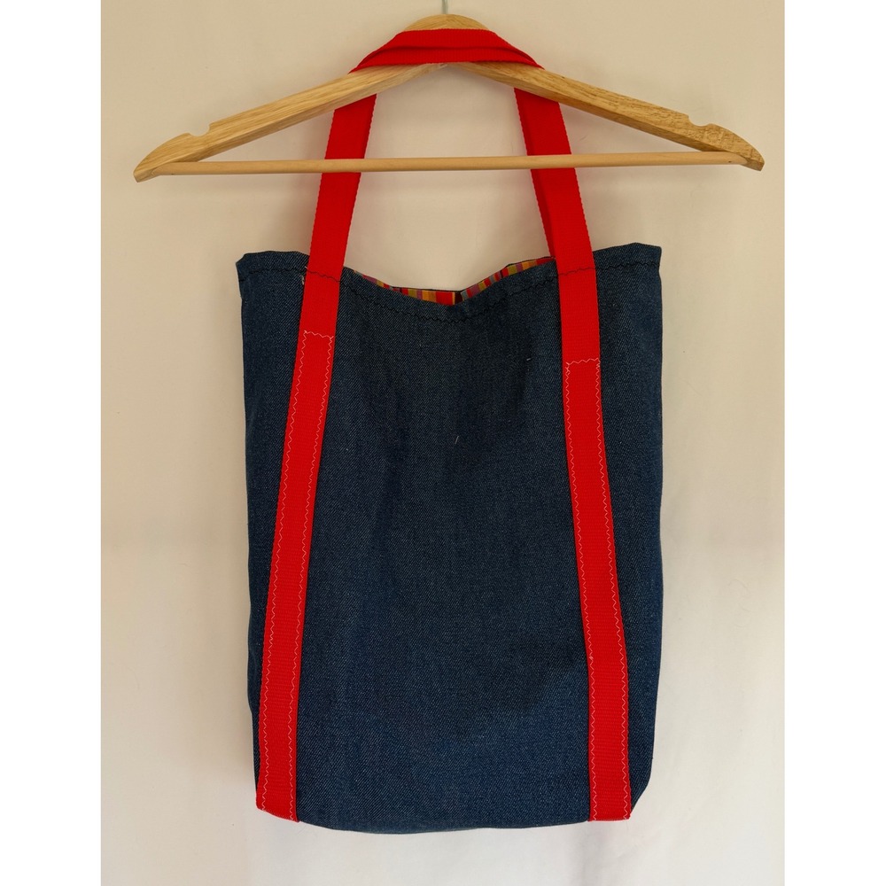 Handmade Denim Tote Bag Red Hot Cocoa Recipe Graphic Pocket Striped Lining Blue - Picture 2 of 4